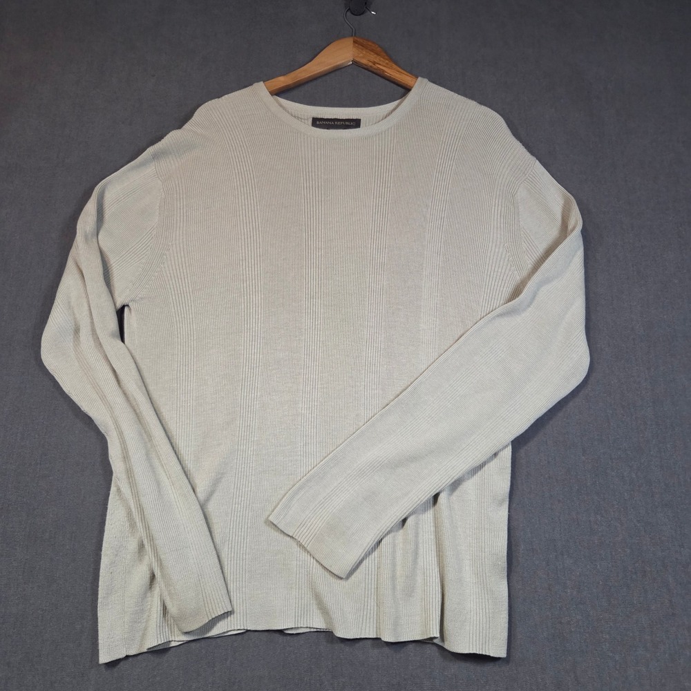 Banana Republic Sweater Mens L Beige Silk Cotton Blend Ribbed Knit Crew Neck